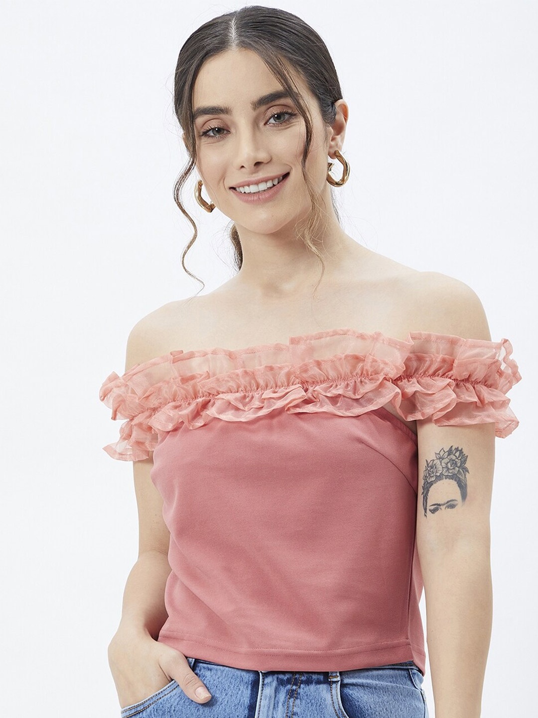 

Kibo Off-Shoulder Ruffles Bardot Top, Peach