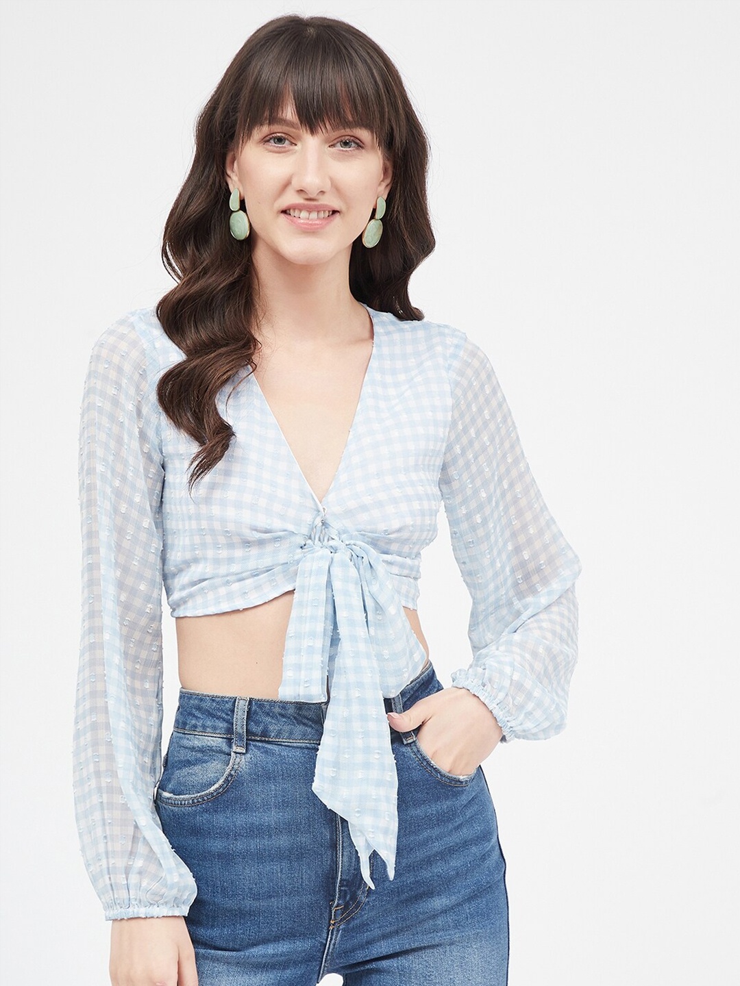 

Kibo Checked Knotting Chiffon Crop Top, Blue