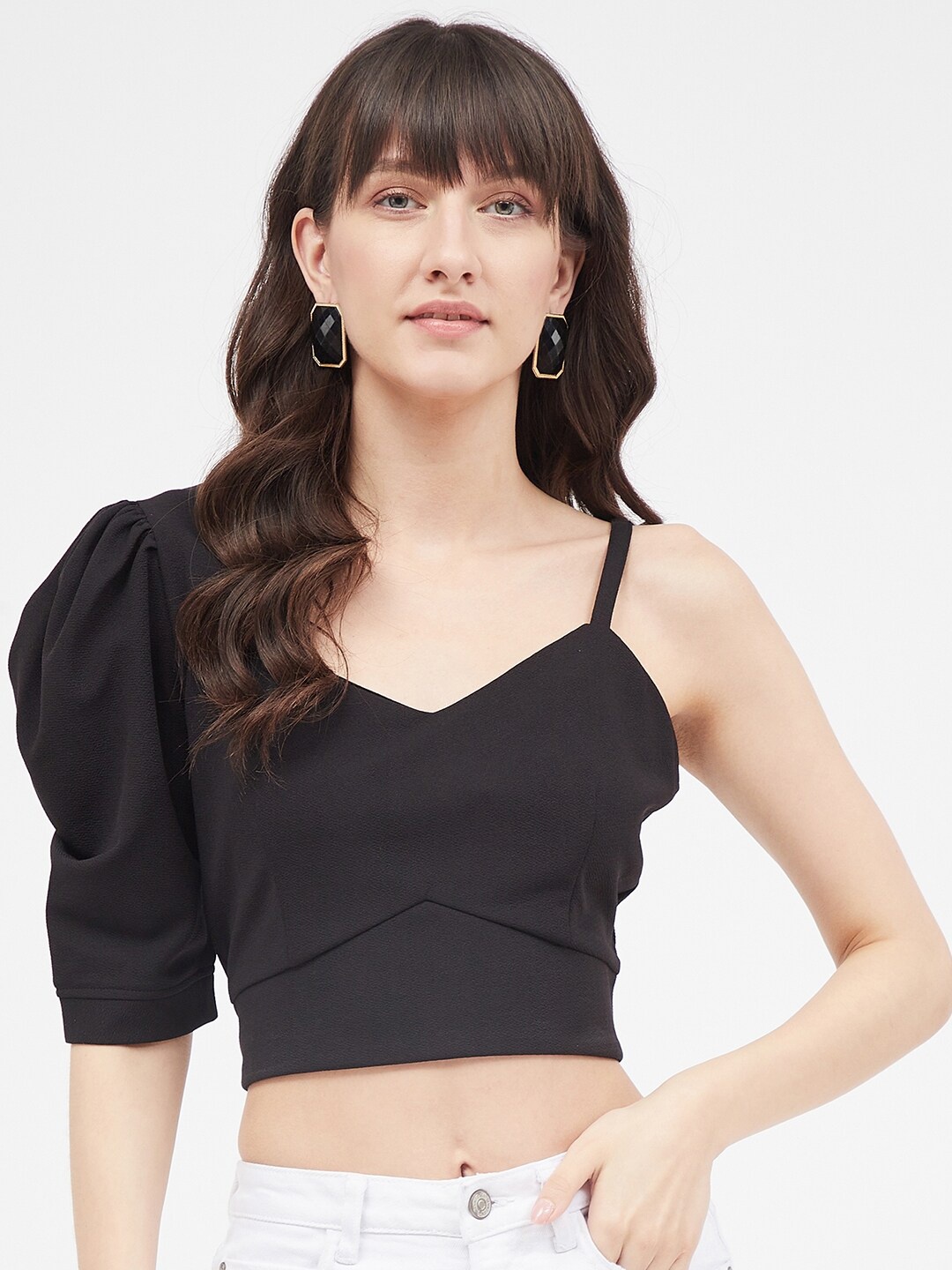 

Kibo Puff Sleeves Fitted Crop Top, Black