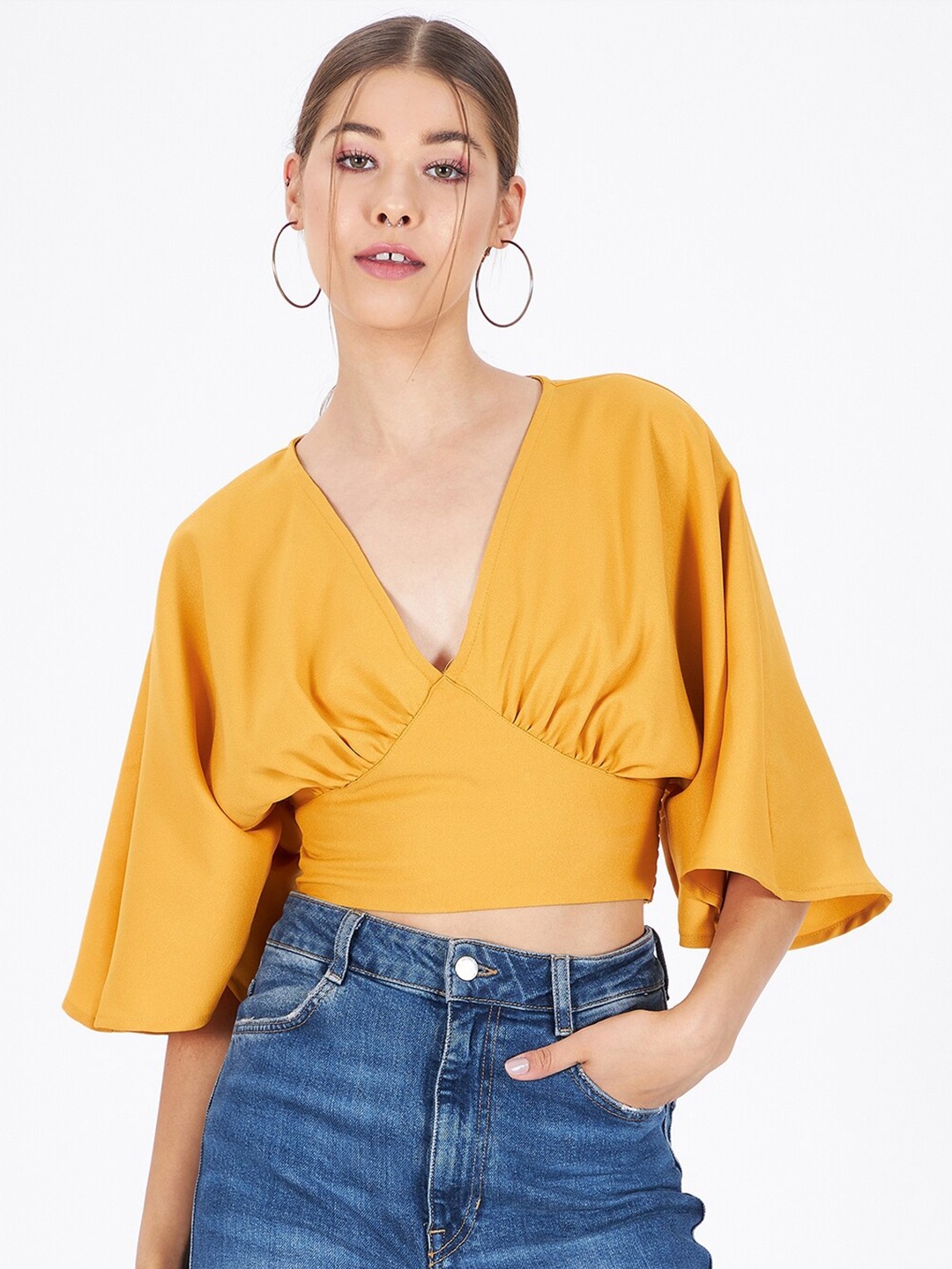 

Kibo Flared Sleeve Crepe Empire Crop Top, Mustard