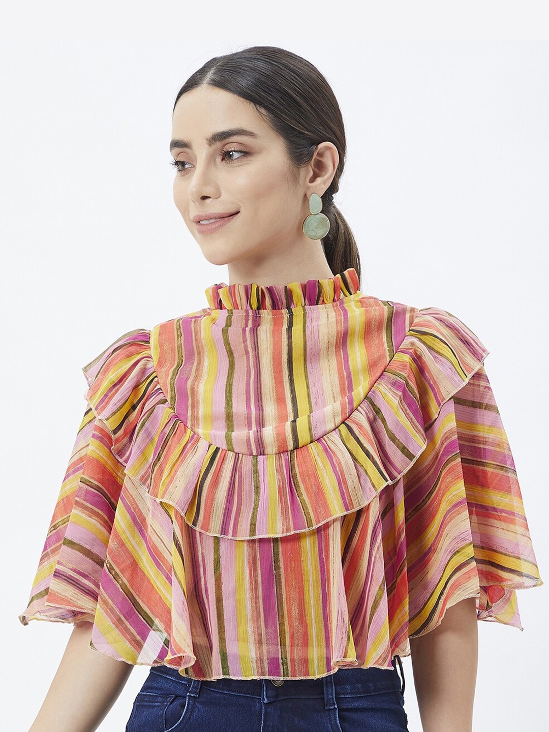 

Kibo Vertical Striped Chiffon Cape Top, Orange