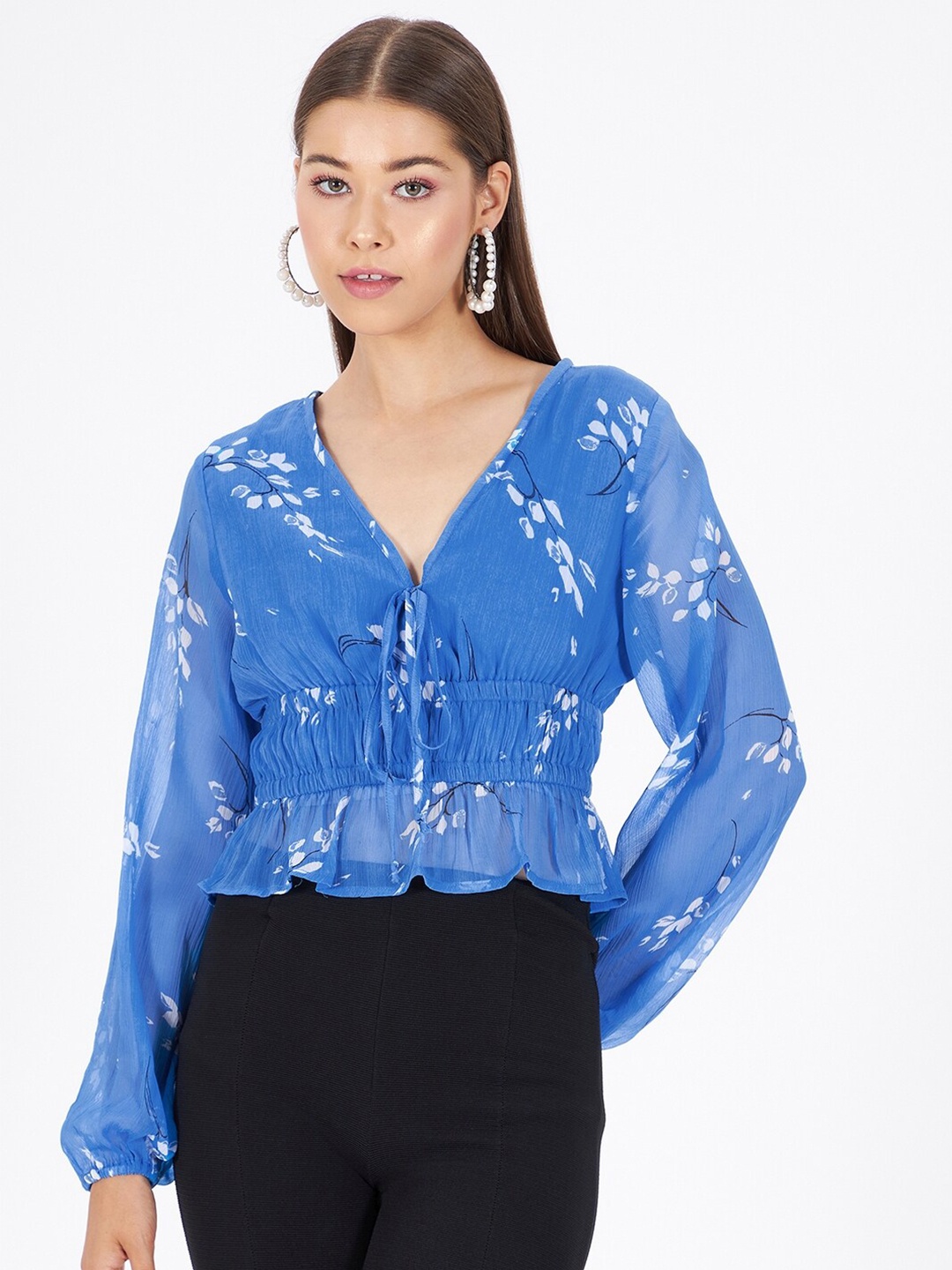 

Kibo Floral Printed Puff Sleeve Crepe Crop Top, Blue