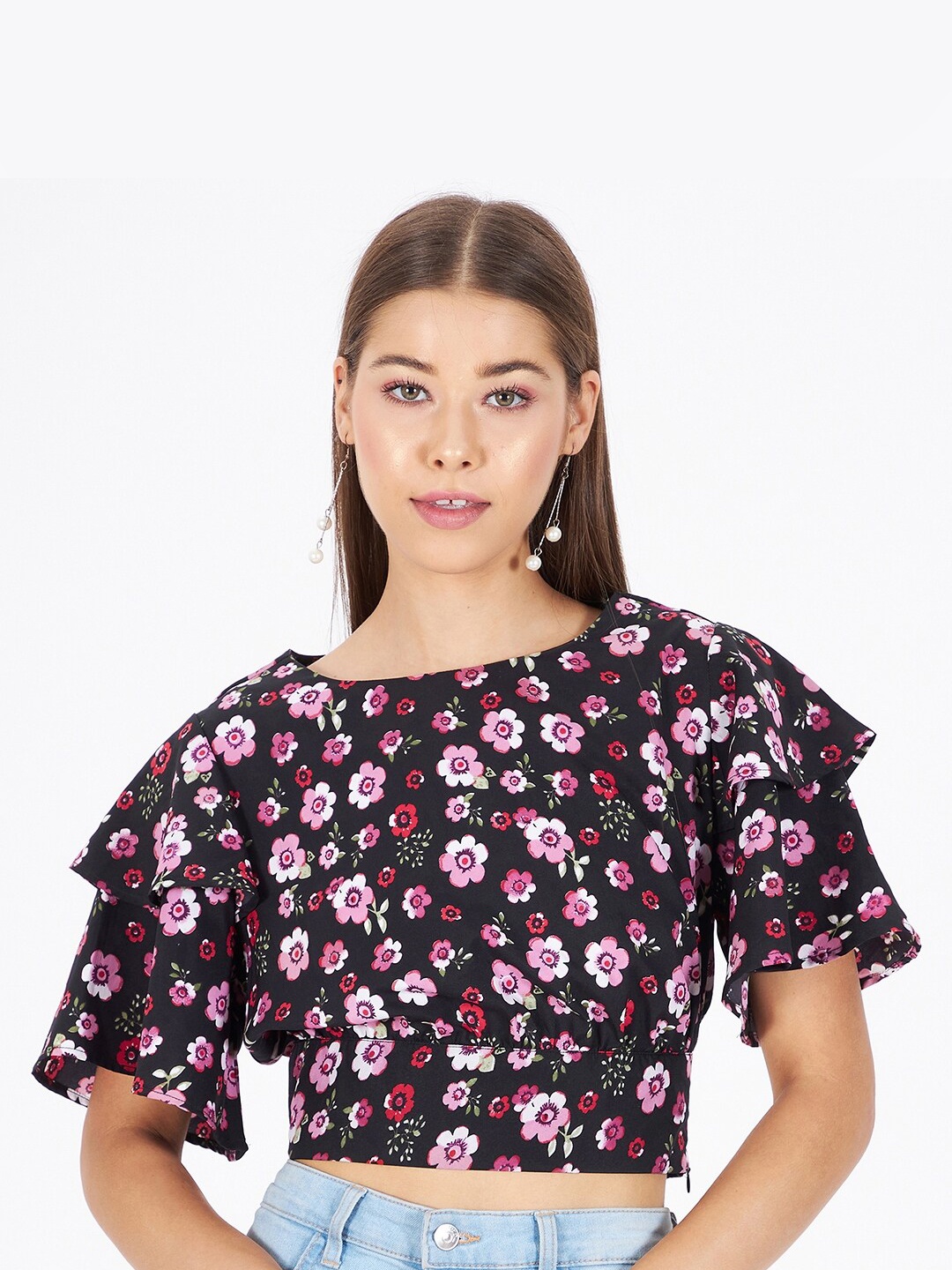 

Kibo Floral Print Crepe Top, Black
