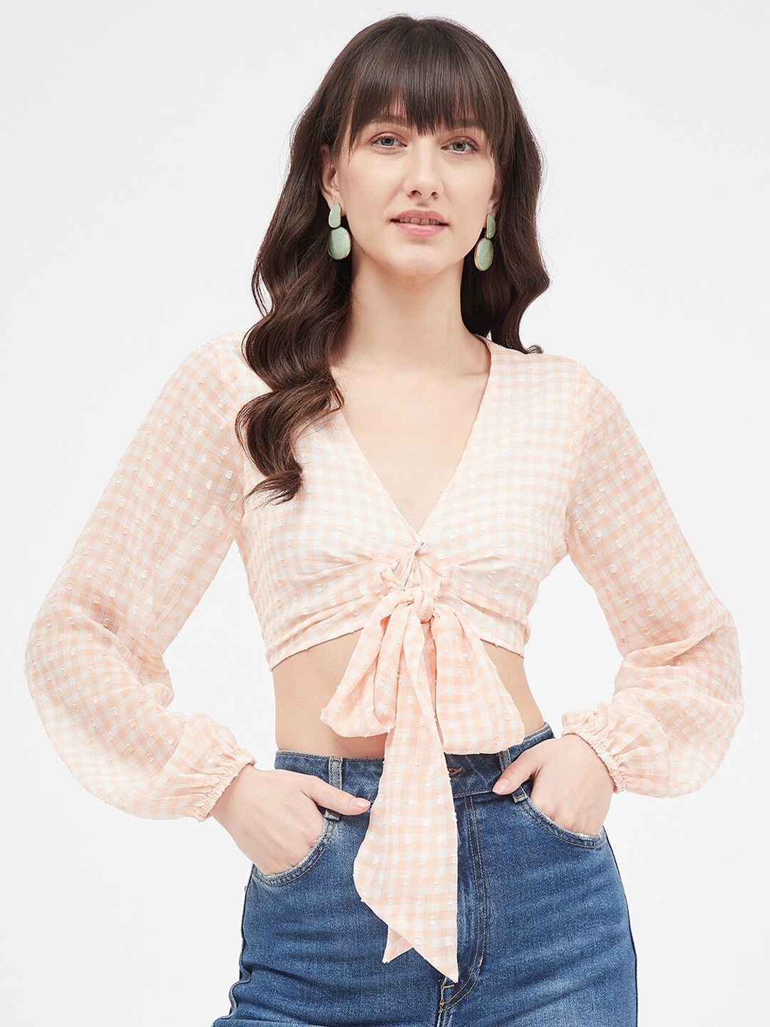 

Kibo Checked Chiffon Cinched Waist Crop Top, Beige