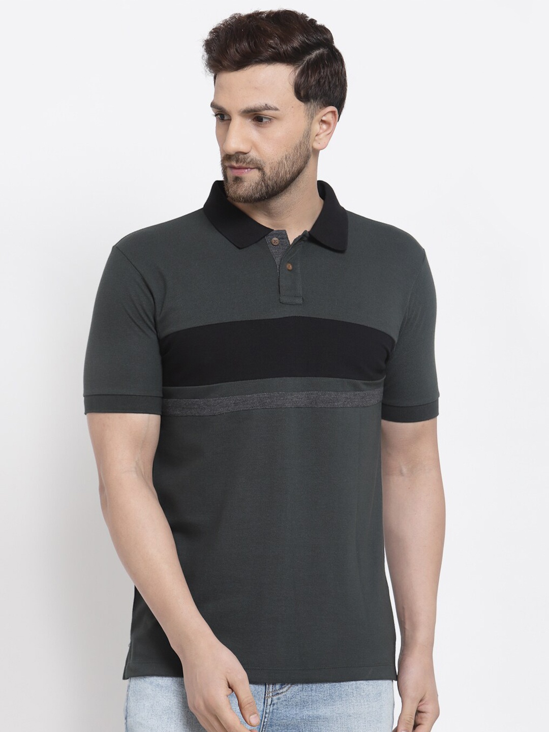 

Kalt Men Grey & Black Striped Polo Collar Monochrome T-shirt