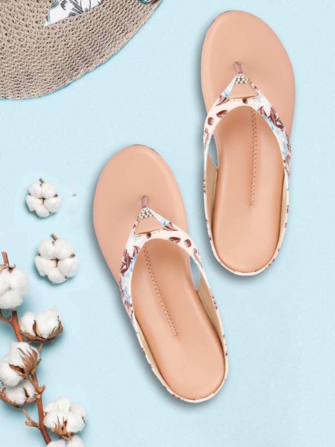 

sneakers villa Women Printed T-Strap Flats, Peach