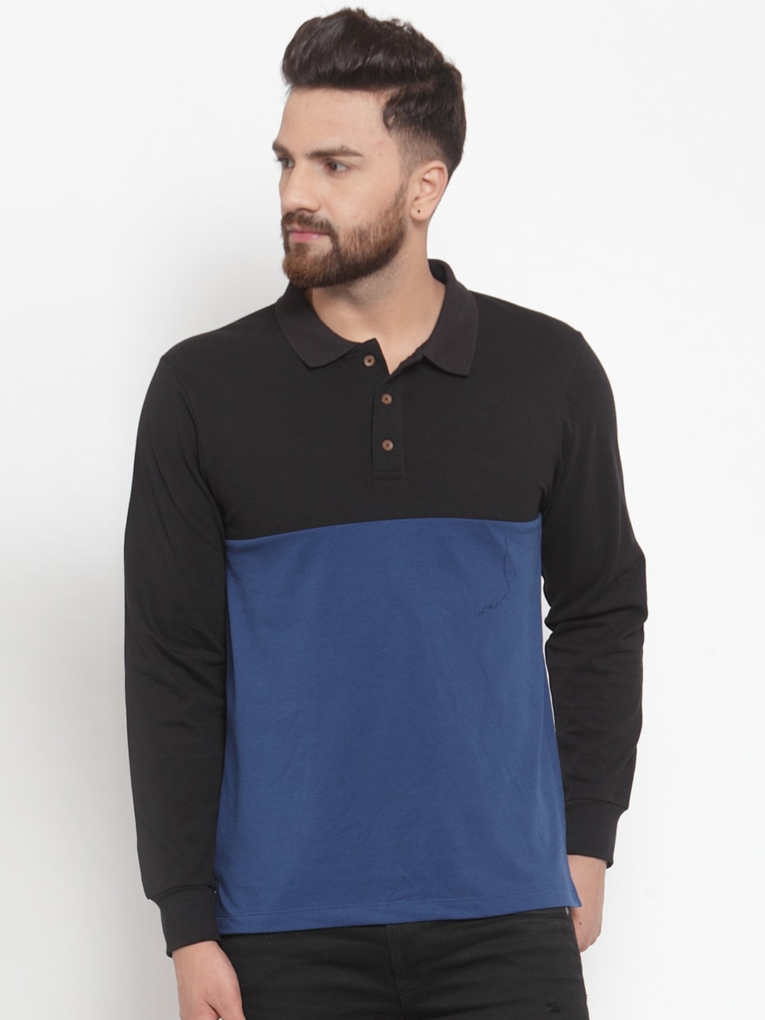 

Kalt Men Navy Blue & Black Colourblocked Polo Collar T-shirt