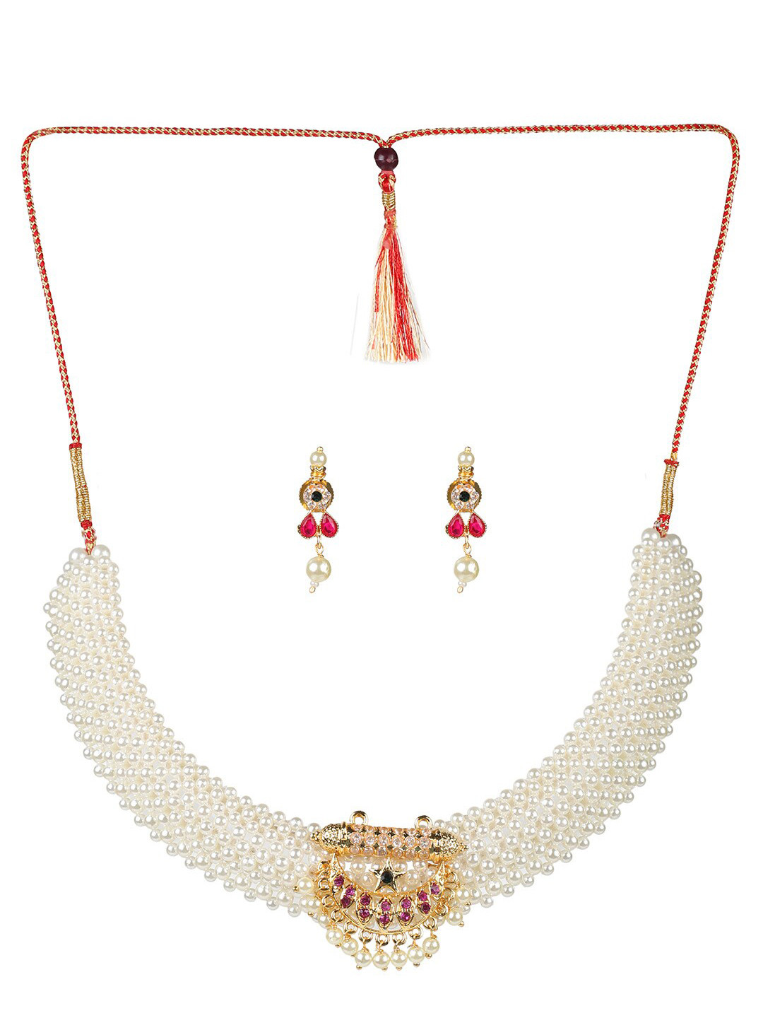 

MAD CLUB Gold-Plated Stone-Studded & Pearl Beaded Choker Necklace Set