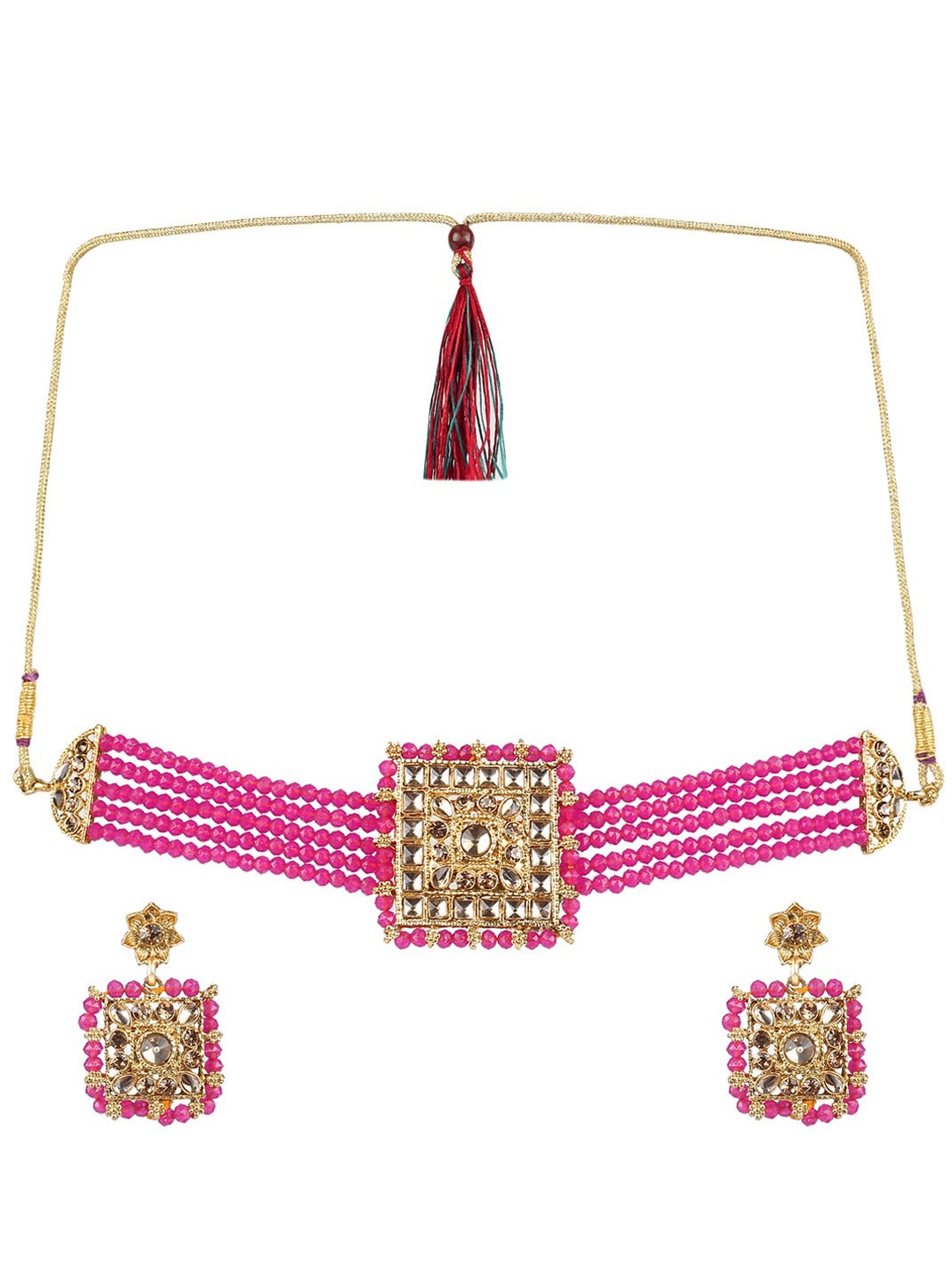 

MAD CLUB Gold-Plated Stone-Studded & Beaded Choker Necklace Set