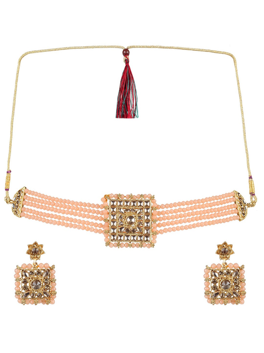 

MAD CLUB Women Gold-Plated Kundan Studded & Beaded Choker Necklace and Earrings, Peach