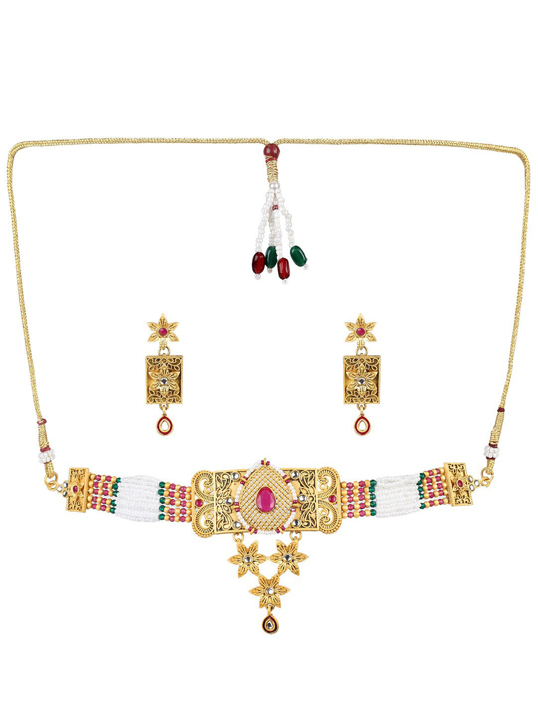 

MAD CLUB Women Gold-Plated Stone-Studded & Beaded Temple Choker Jewellery Set, Pink