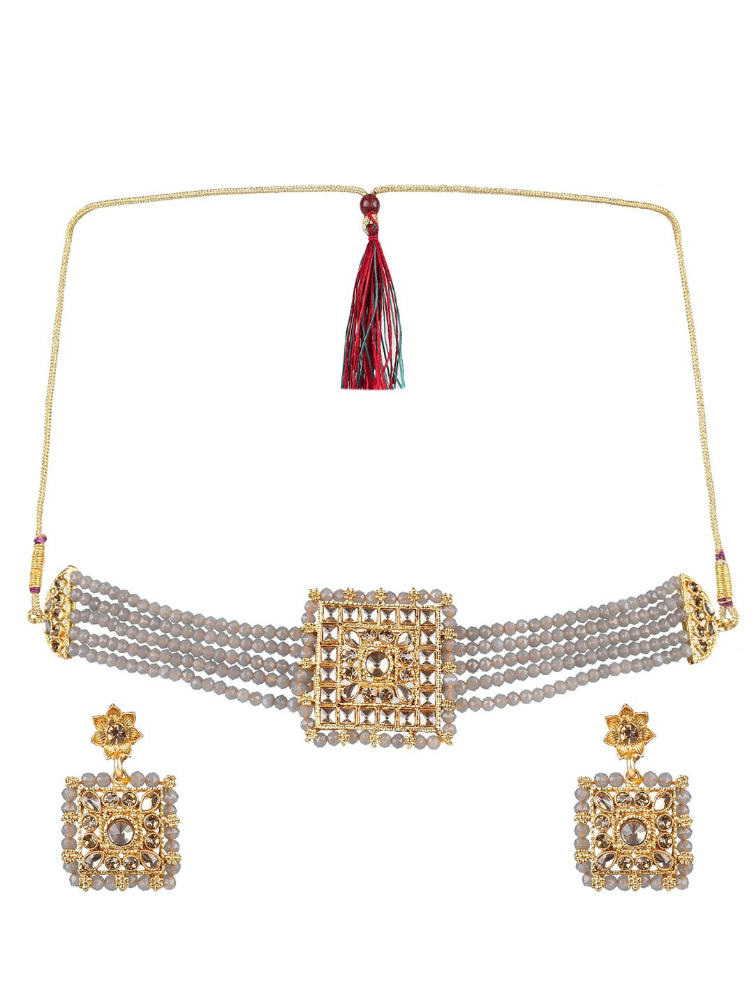 

MAD CLUB Women Gold-Plated Kundan Studded & Beaded Choker Jewellery Set, Grey