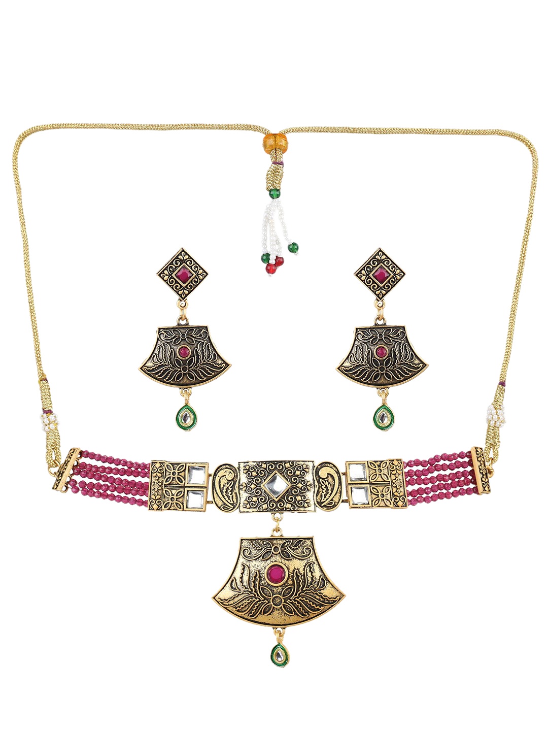 

MAD CLUB Gold-Plated Stone-Studded & Beaded Choker Necklace Set