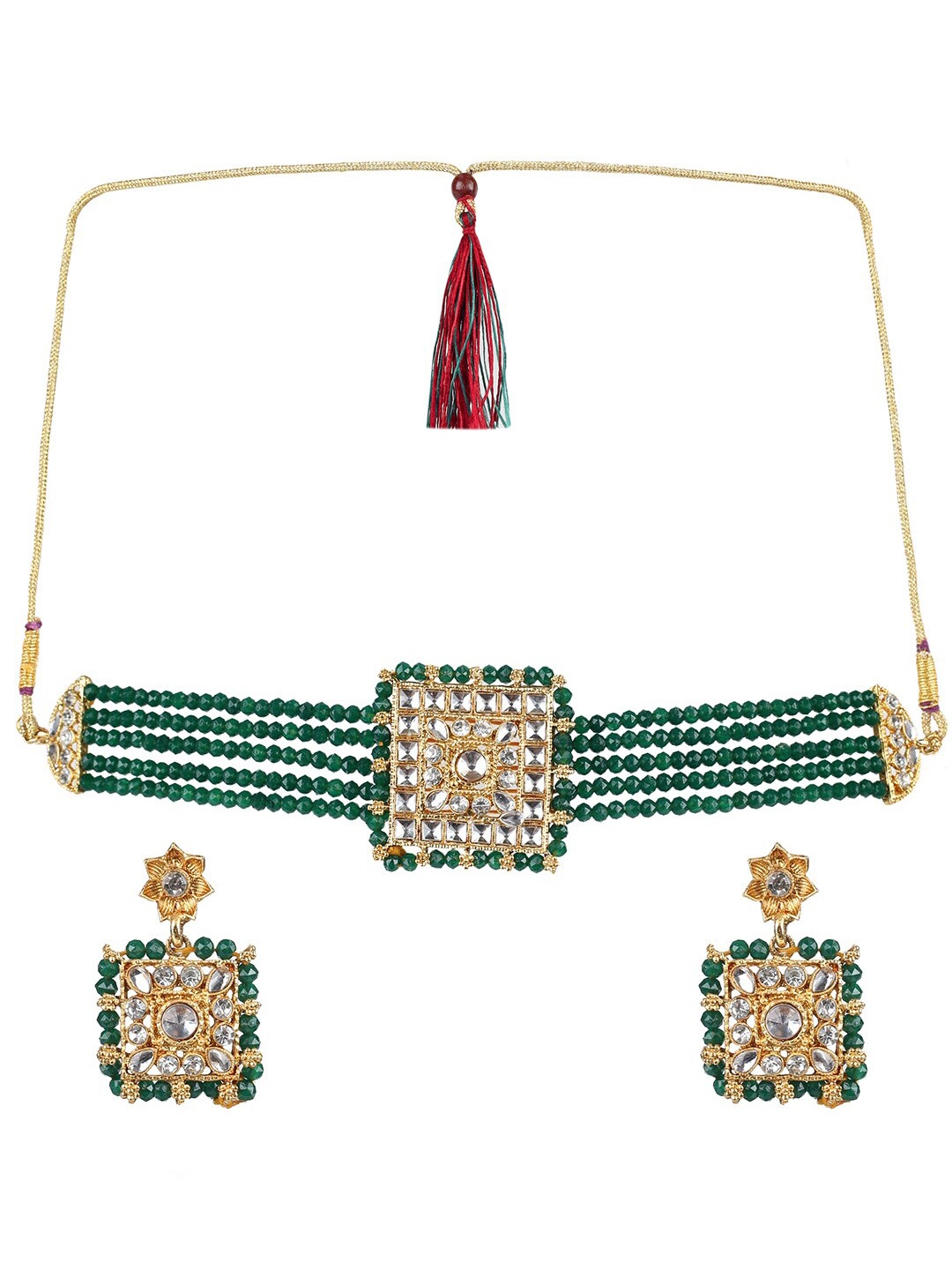 

MAD CLUB Gold-Plated Kundan-Studded & Beaded Jewellery Set, Green