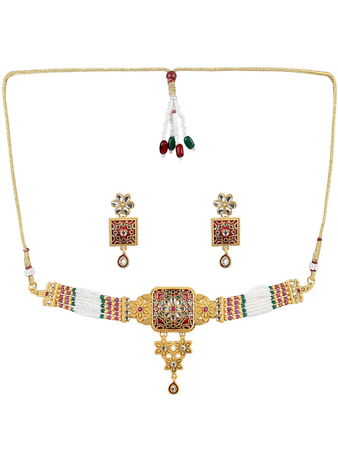 

MAD CLUB Gold-Plated & Stone-Studded & Beaded Temple Choker Jewellery Set