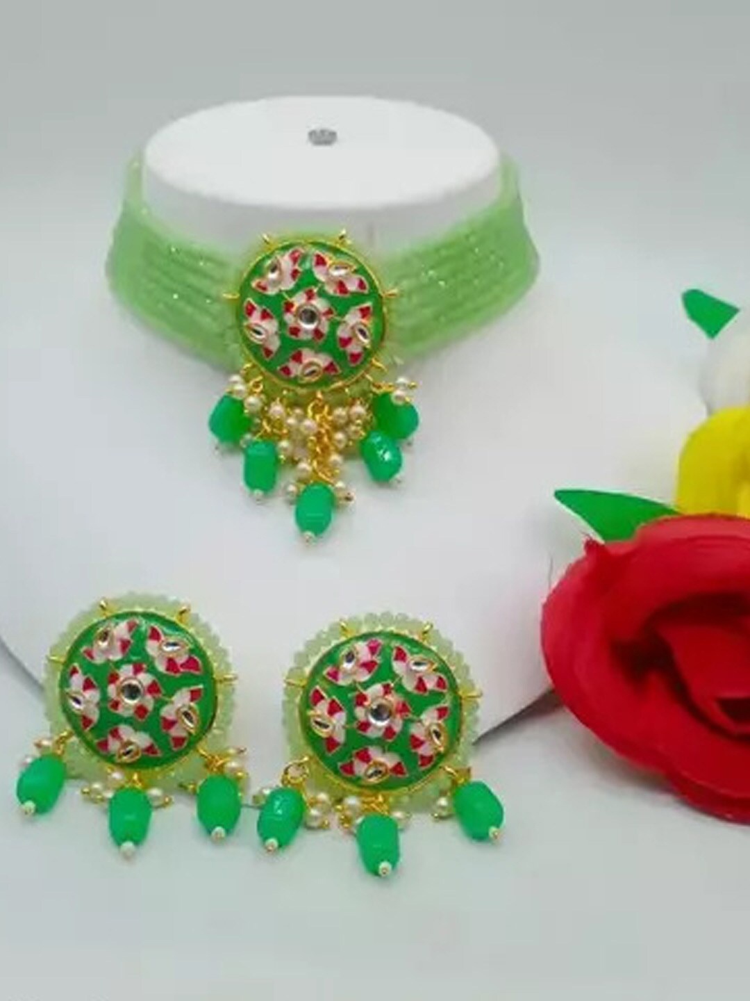 

MAD CLUB Gold-Plated Crystal Beads-Studded Meenakari Jewellery Set, Green