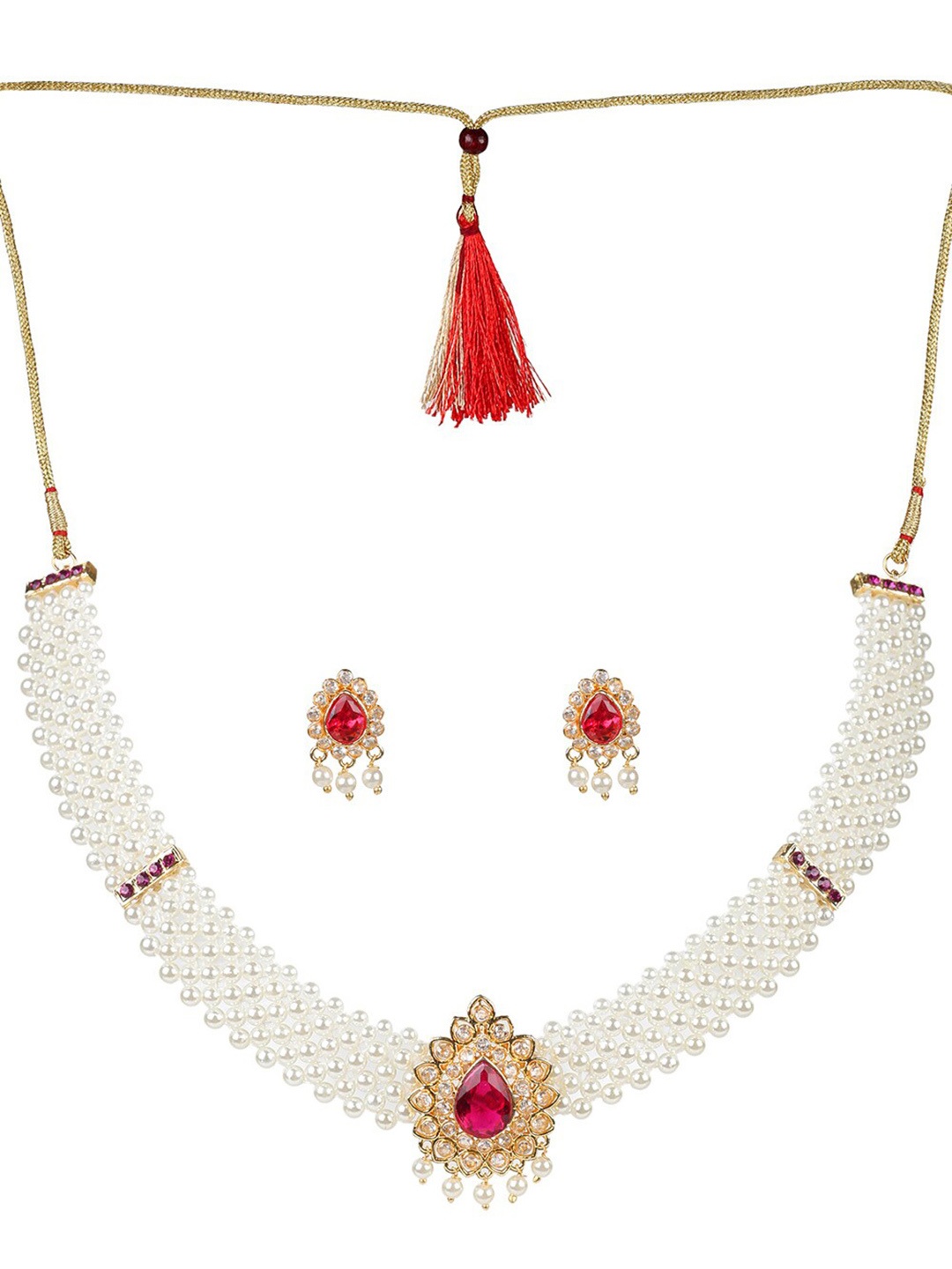 

MAD CLUB Gold-Plated Stone-Studded & Pearl Beaded Choker Necklace Set, White