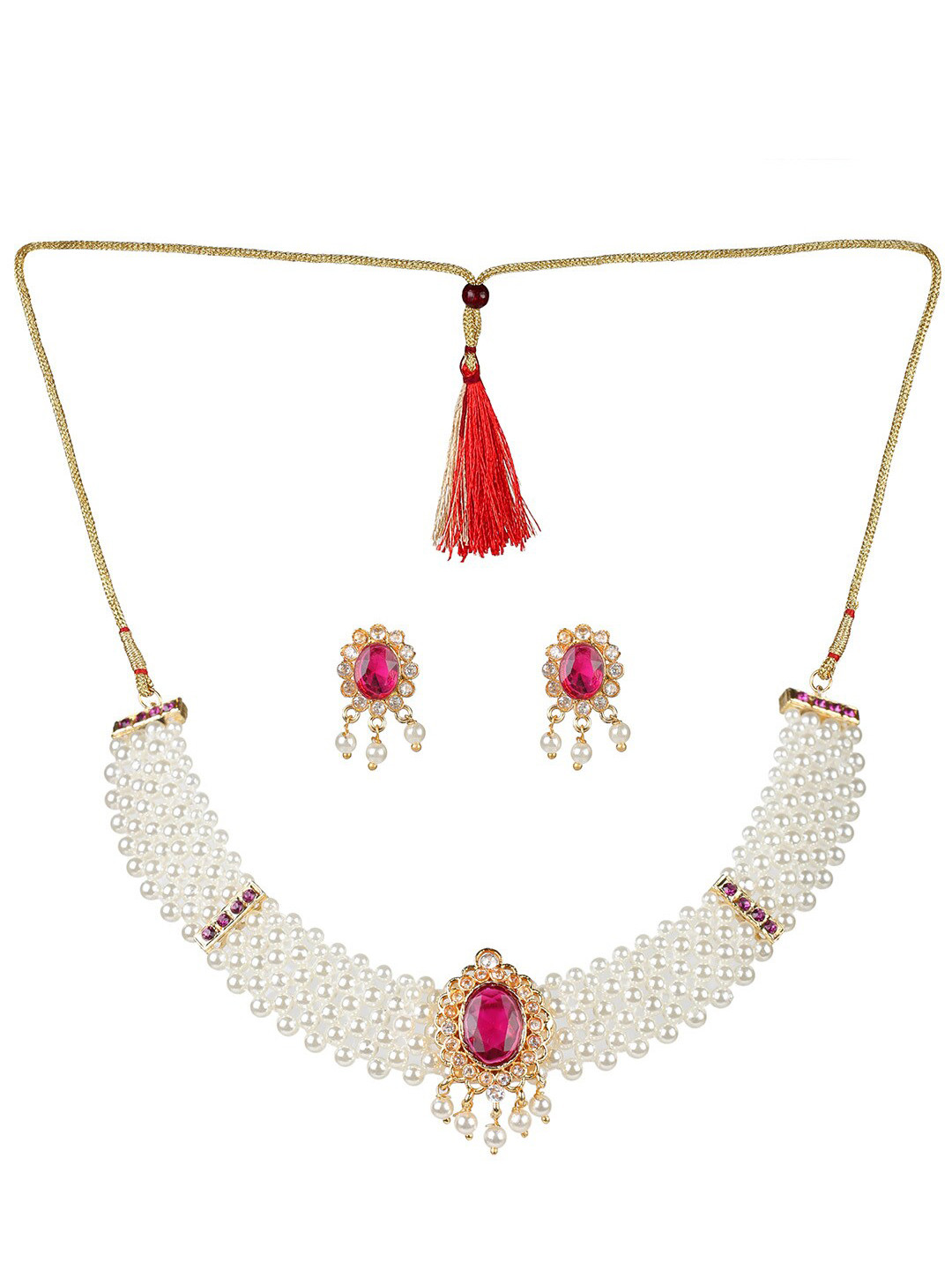 

MAD CLUB Gold-Plated Stone Studded & Pearls Beaded Jewellery Set, White