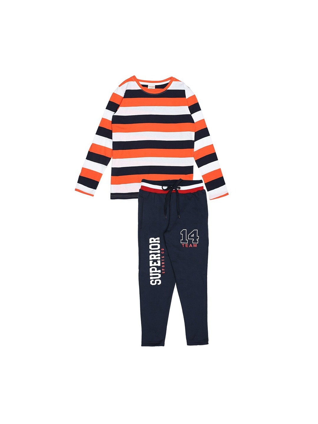 

RAINE AND JAINE Boys Striped Pure Cotton T-shirt with Trousers, Orange