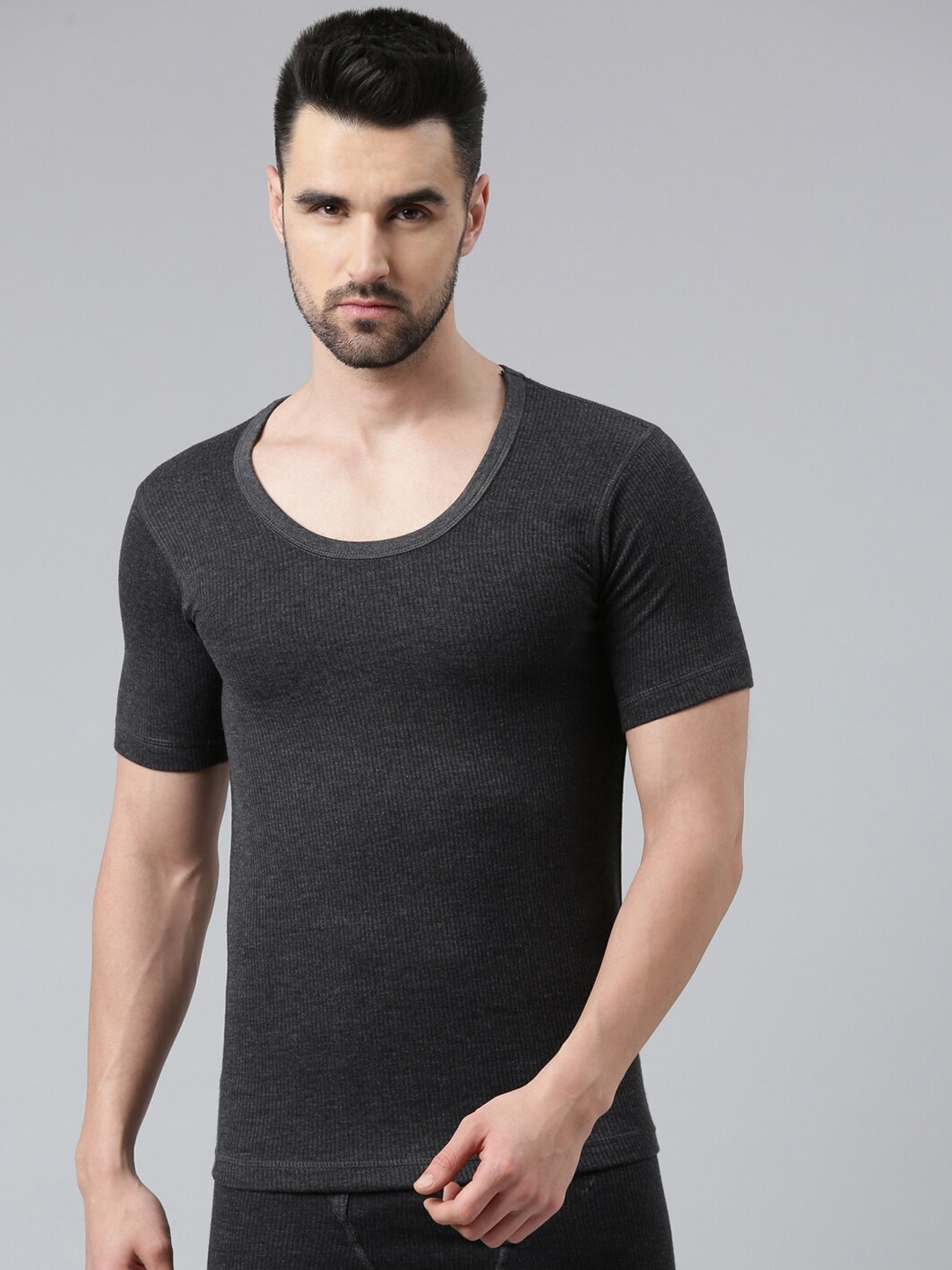 

DIXCY SCOTT Men Striped Ribbed Thermal Top, Grey