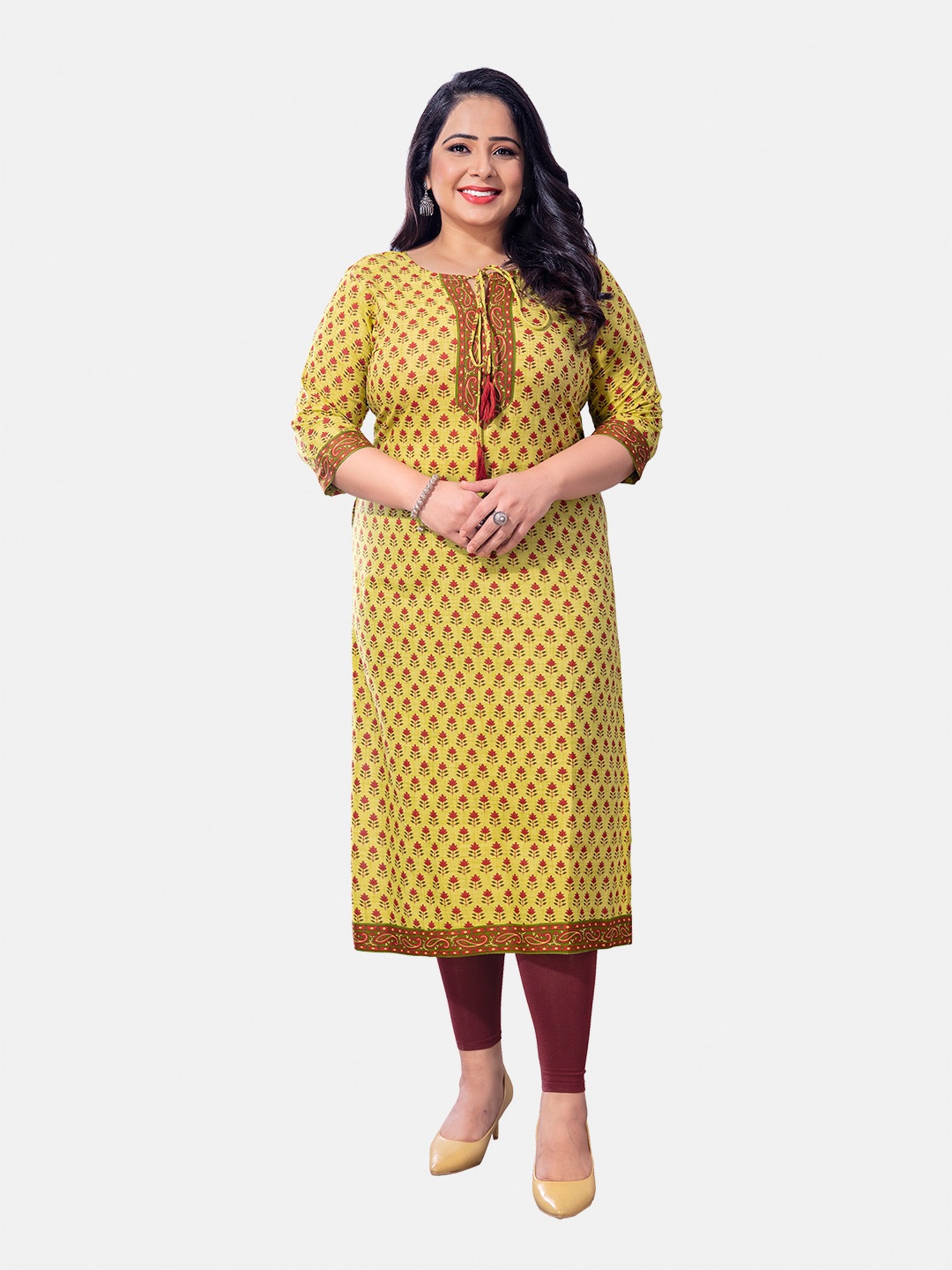 

Jevi Prints Women Plus Size Floral Printed Pure Cotton Kurta, Mustard