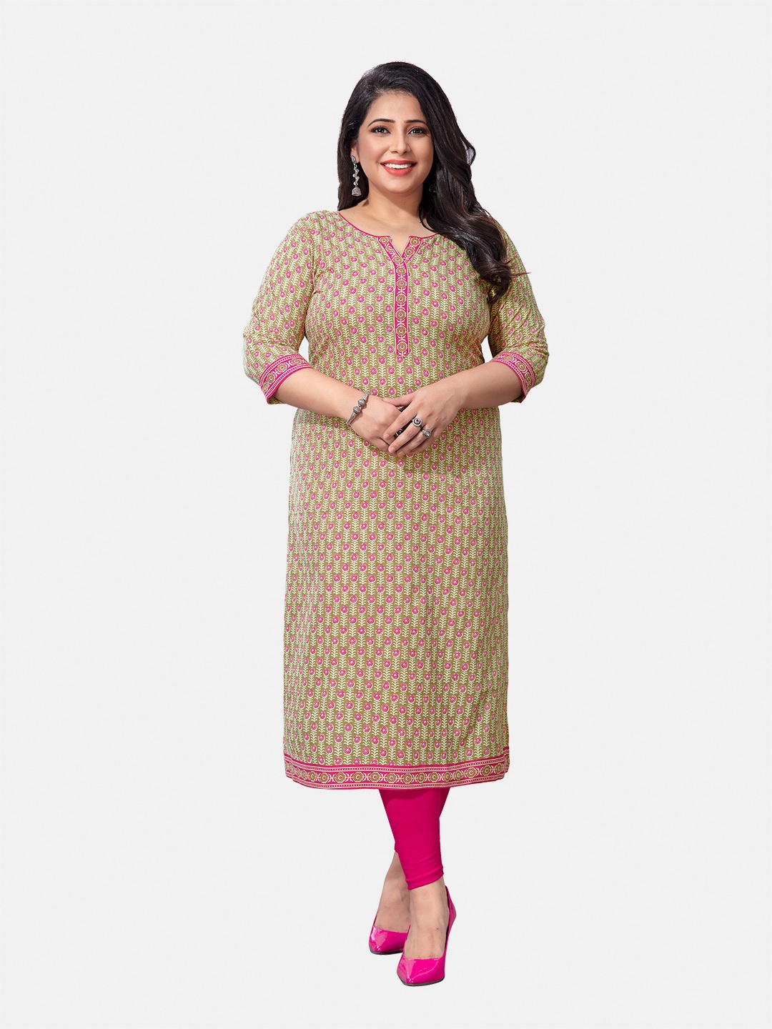 

Jevi Prints Women Plus Size Floral Printed Pure Cotton Kurta, Green