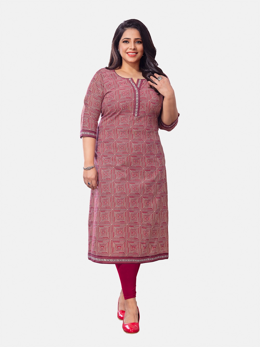 

Jevi Prints Women Plus Size Geometric Printed Pure Cotton Notch Neck Kurta, Pink