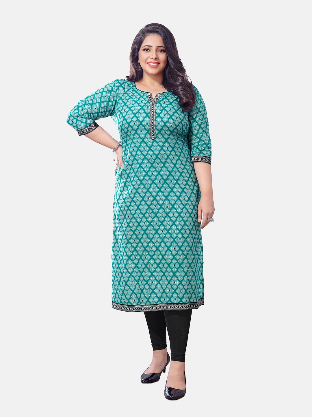 Jevi Prints Women Plus Size Geometric Printed Notch Neck Kurta, Green