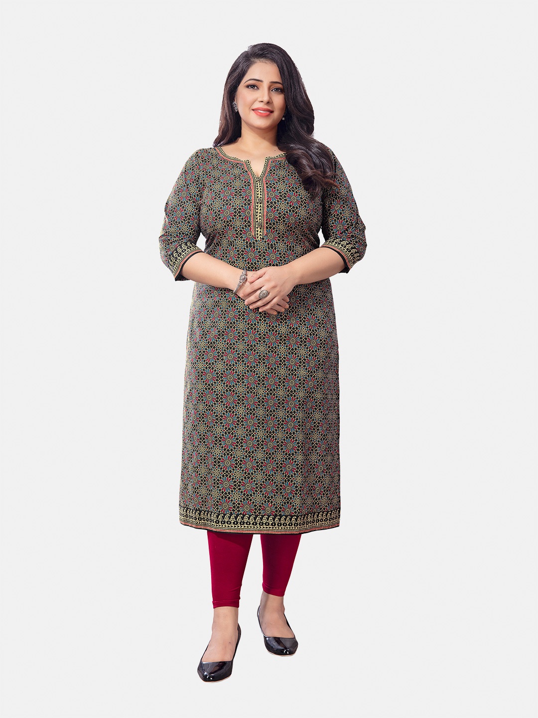 Jevi Prints Plus Size Round Neck Ethnic Motifs Printed Pure Cotton Kurta, Black