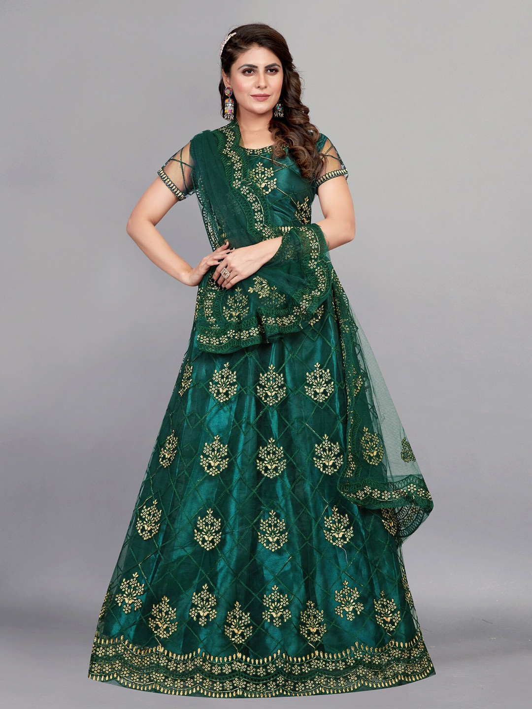 

APNISHA Embroidered Thread Work Semi-Stitched Lehenga & Unstitched Blouse With Dupatta, Green