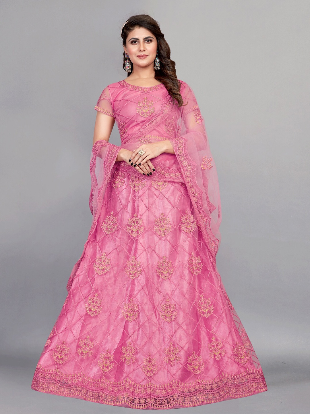 

APNISHA Embroidered Thread Work Semi-Stitched Lehenga & Unstitched Blouse With Dupatta, Peach