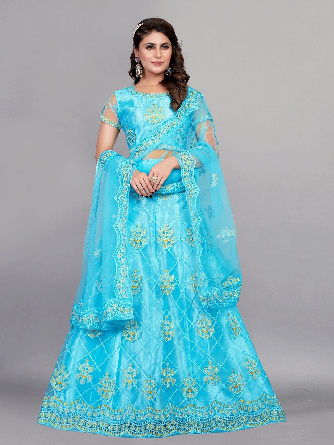 

APNISHA Embroidered Thread Work Semi-Stitched Lehenga & Unstitched Blouse With Dupatta, Blue
