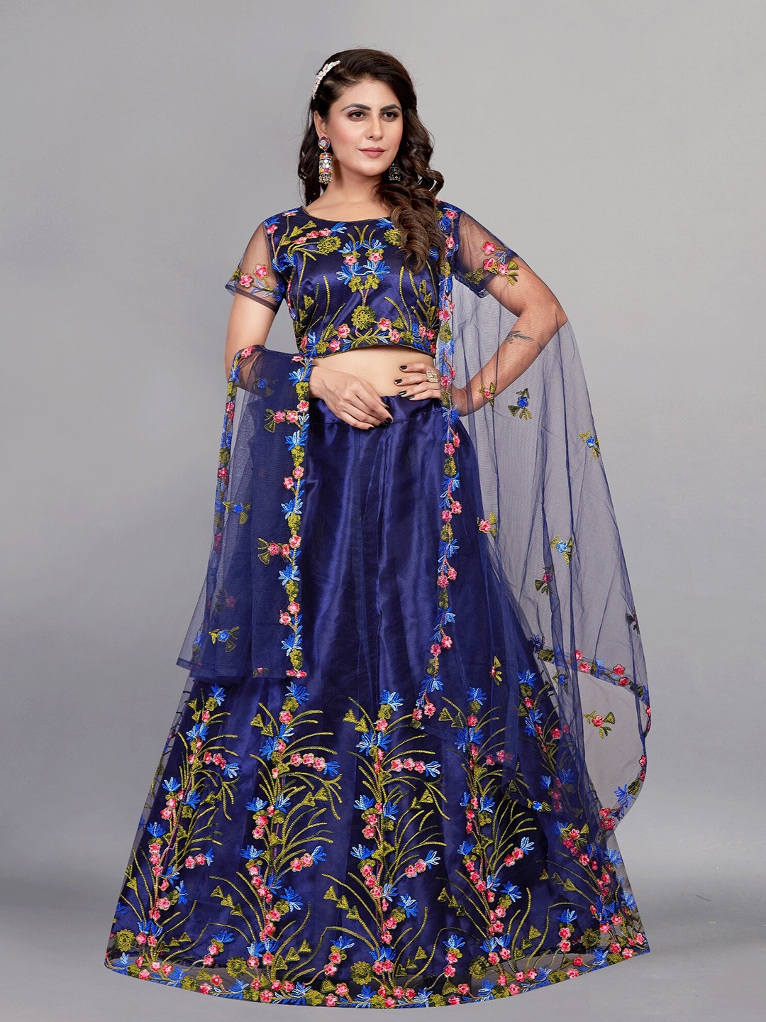 

APNISHA Embroidered Thread Work Semi-Stitched Lehenga & Unstitched Blouse With Dupatta, Blue