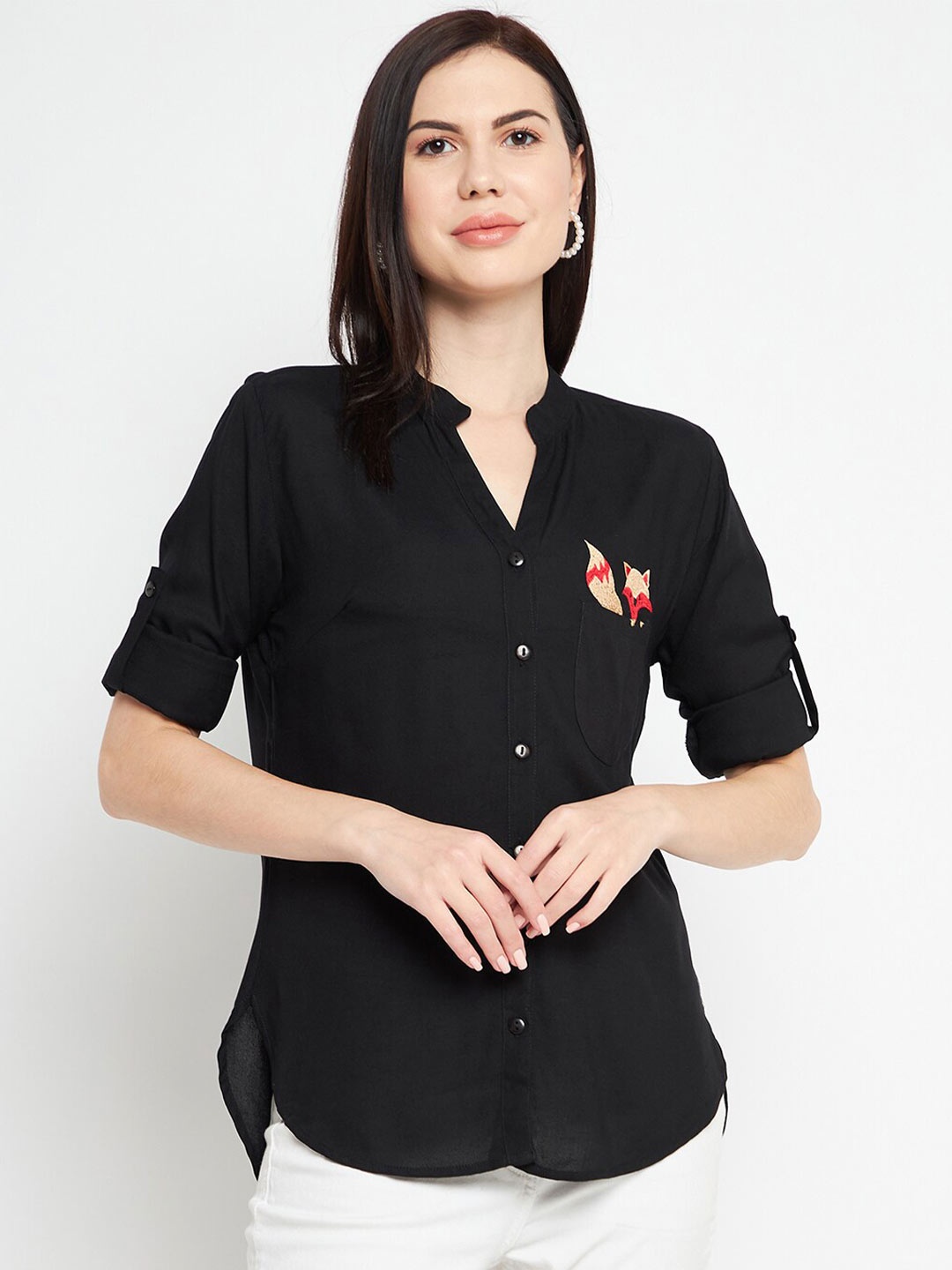 

Ruhaans Women Embroidered Classic Casual Shirt, Black