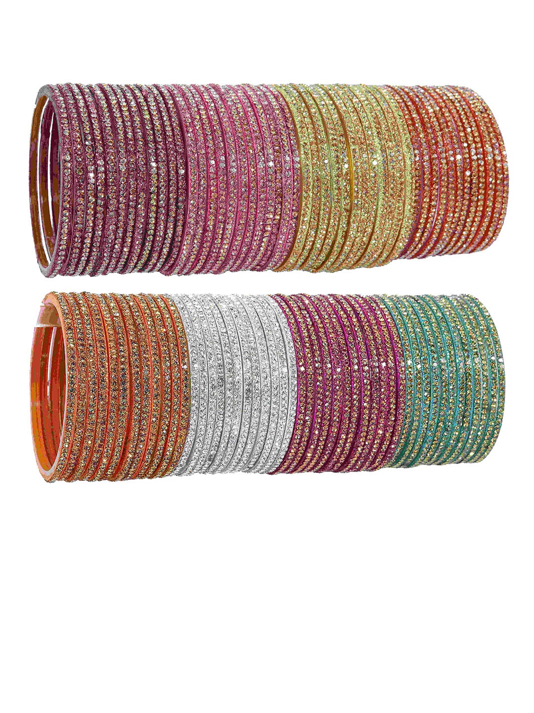 

NMII Set of 96 Zircon Gemstone Studded Glossy Finished Glass Bangle Set, Orange