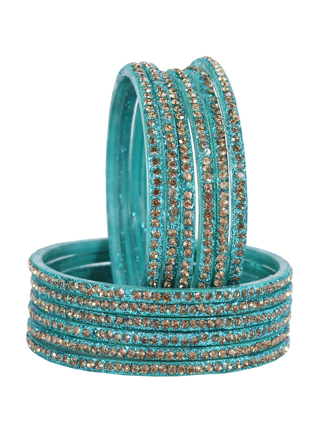 

NMII Set of 12 Glass and Zircon Gemstone Studded Glossy Finished Bangles, Teal