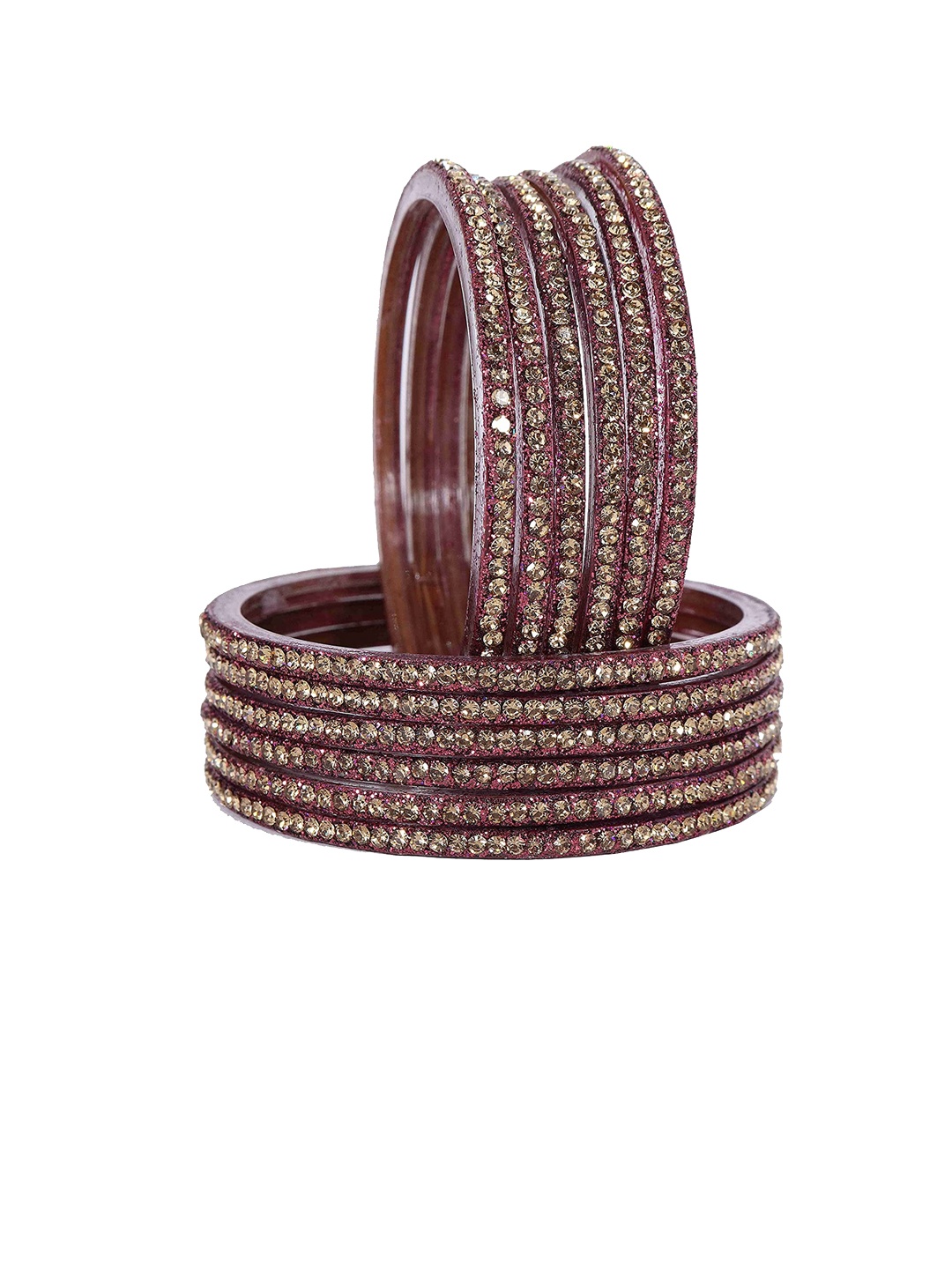 

NMII Set of 12 Glass & Zirconia Studded Glossy Finish Bangles, Maroon