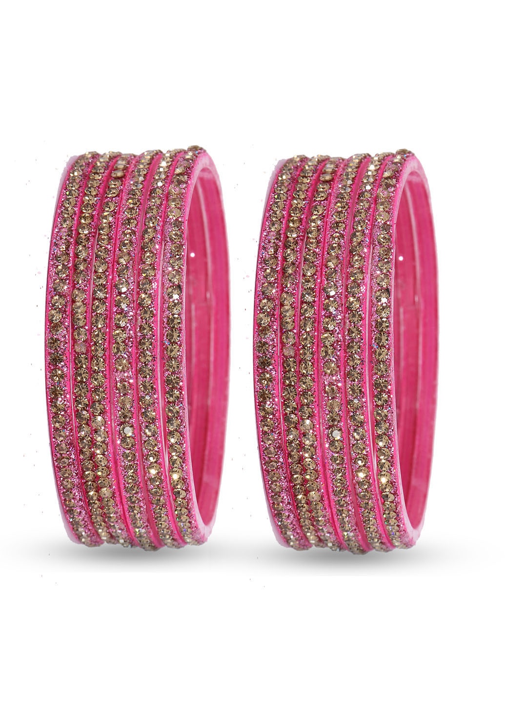 

NMII Set of 12 Glass and Zircon Gemstone Studded Glossy Finished Bangles, Pink