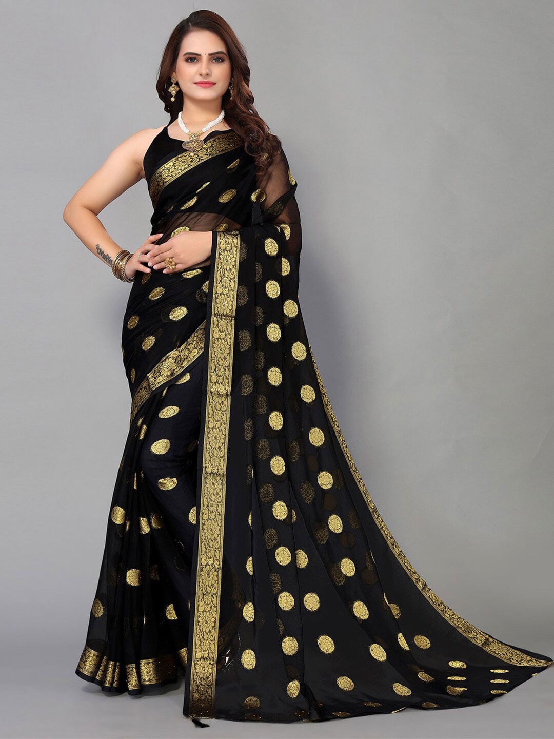 

Mitera Ethnic Motifs Woven Design Zari Bordered Saree, Black