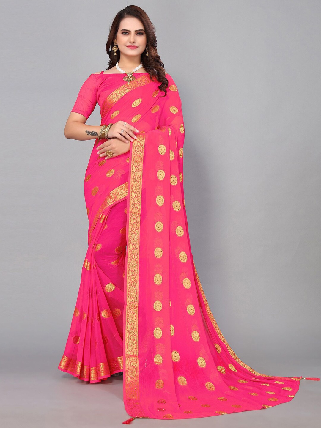 

Mitera Woven Design Zari Bordered Saree, Pink