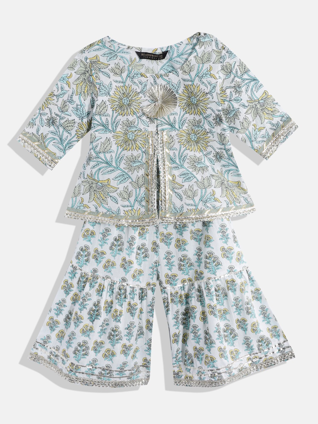 

Readiprint Girls Floral Printed Empire Gotta Patti Pure Cotton Kurti With Sharara, White