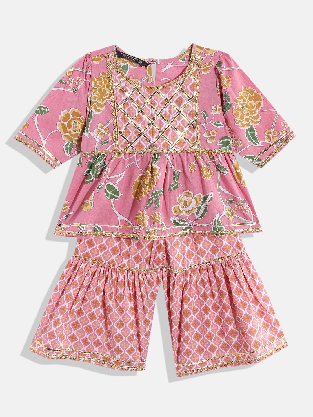 

Readiprint Girls Floral Printed Empire Gotta Patti Pure Cotton Kurti With Sharara, Pink
