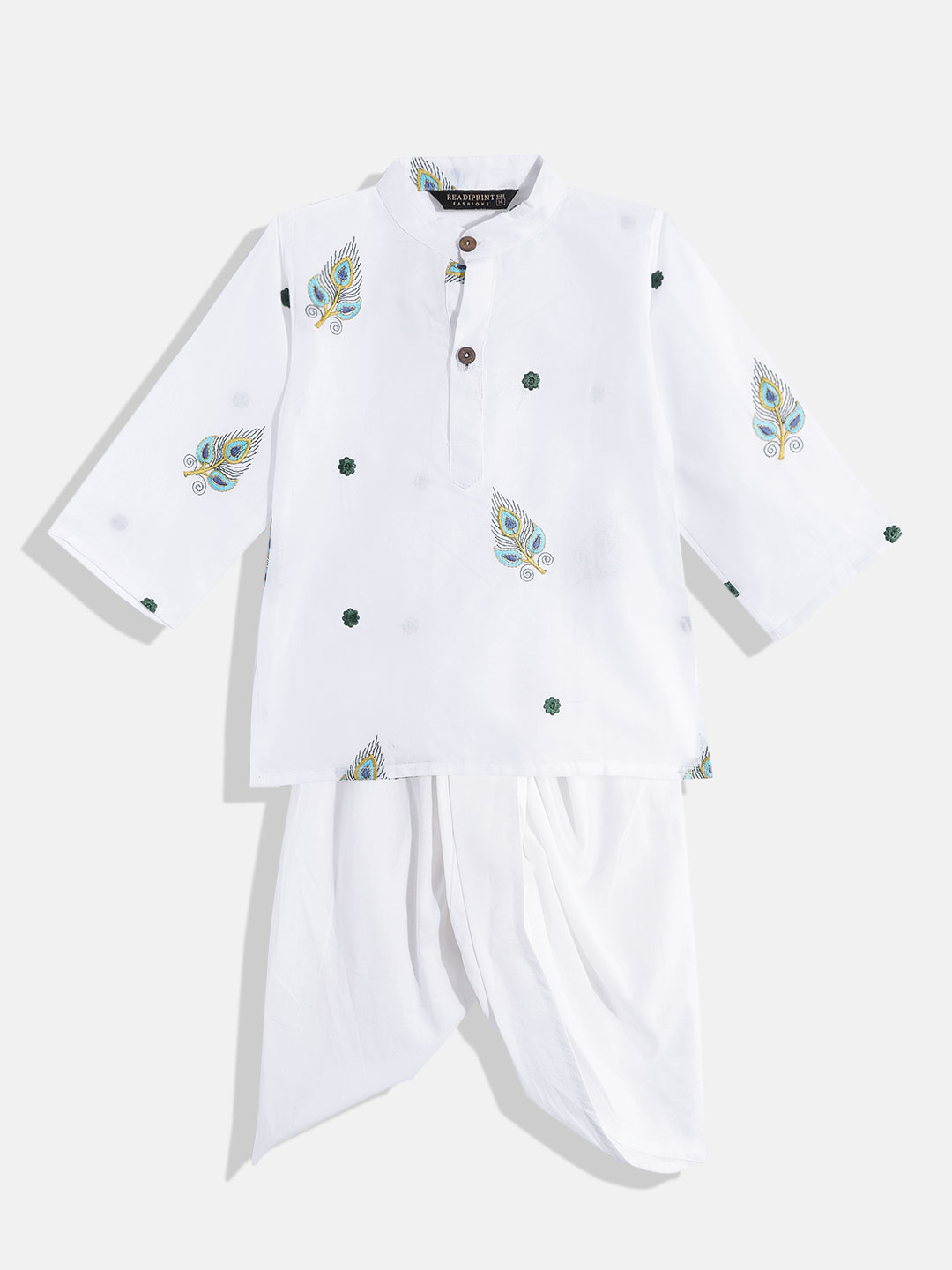 

Readiprint Fashions Boys White Ethnic Motifs Embroidered Thread Work Pure Cotton Kurta with Dhoti Pants