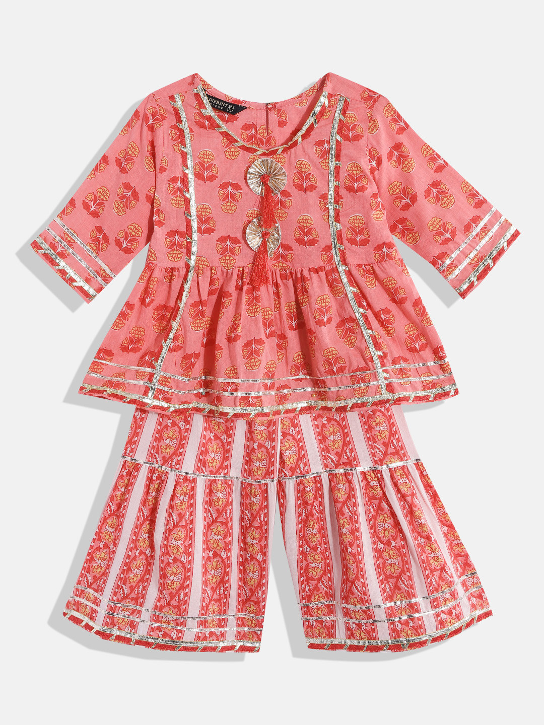 

Readiprint Girls Red Floral Printed Empire Gotta Patti Pure Cotton Kurti with Sharara