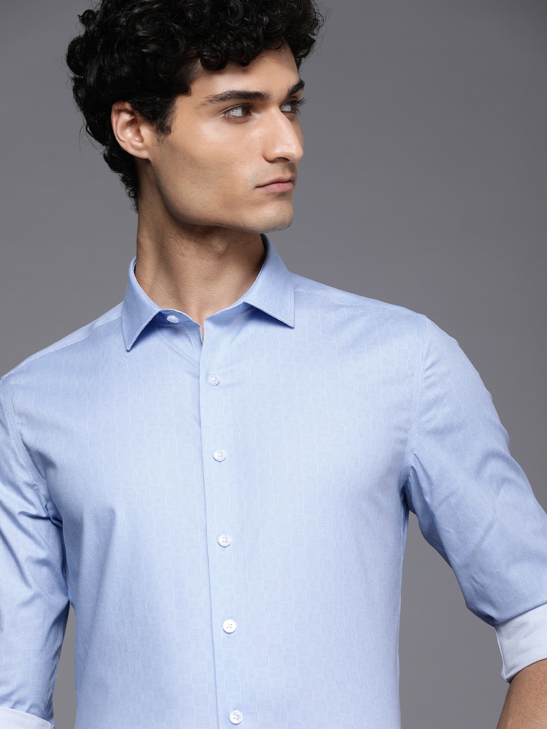 

Louis Philippe Men Super Slim Fit Checked Formal Shirt, Blue
