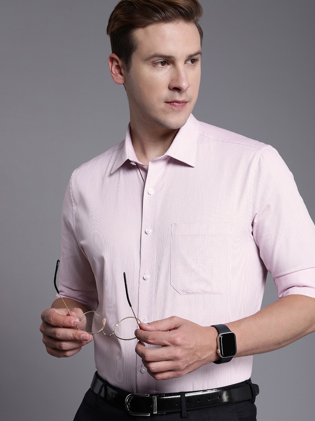 

Louis Philippe Men Pure Cotton Slim Fit Striped Formal Shirt, Pink