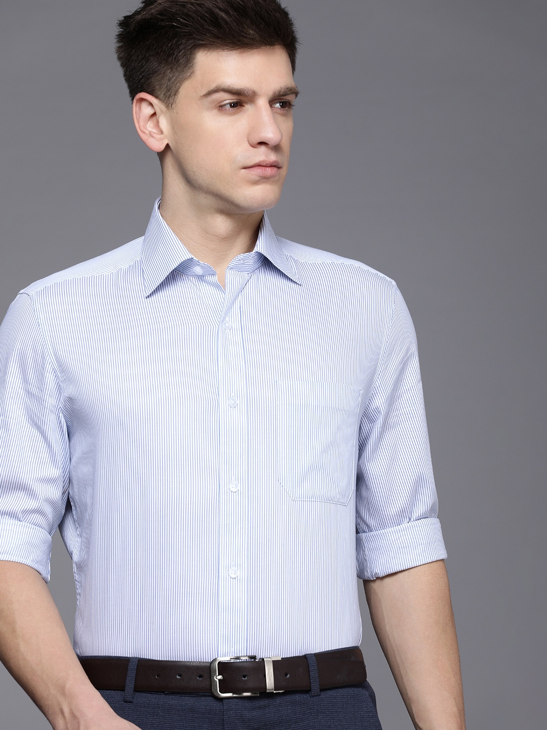 

Louis Philippe Men White Classic Pinstripes Opaque Striped Formal Shirt