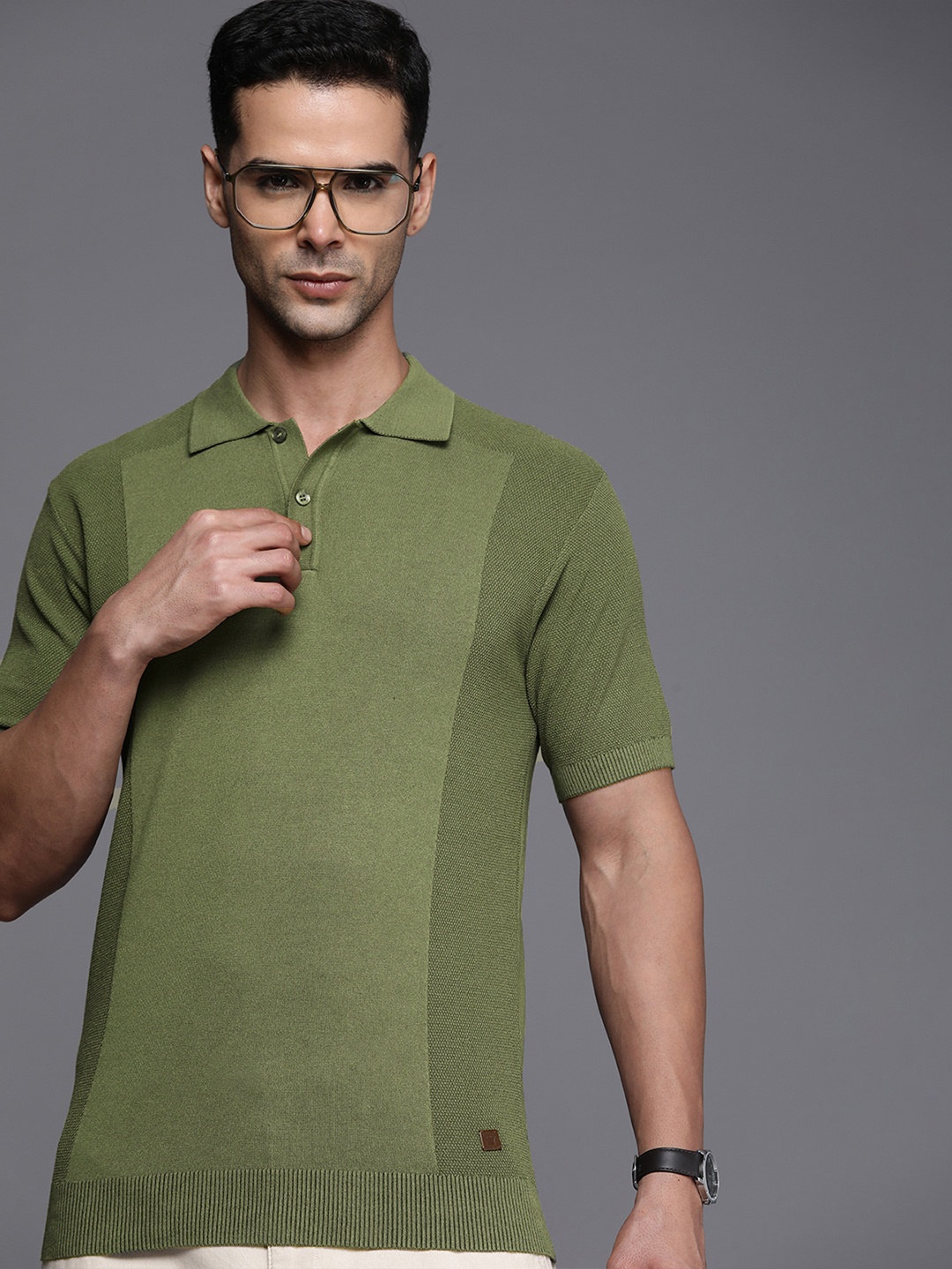

Louis Philippe Men Self Design Textured Polo Collar T-shirt, Olive