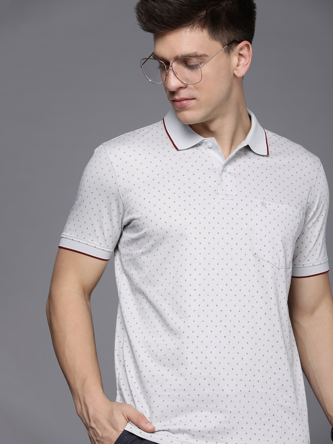 

Louis Philippe Men Pure Cotton Micro Ditsy Printed Polo Collar T-shirt With Chest Pocket, Grey