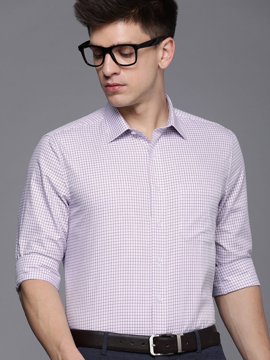 

Louis Philippe Pure Cotton Slim Fit Grid Tattersall Checked Formal Shirt, Pink